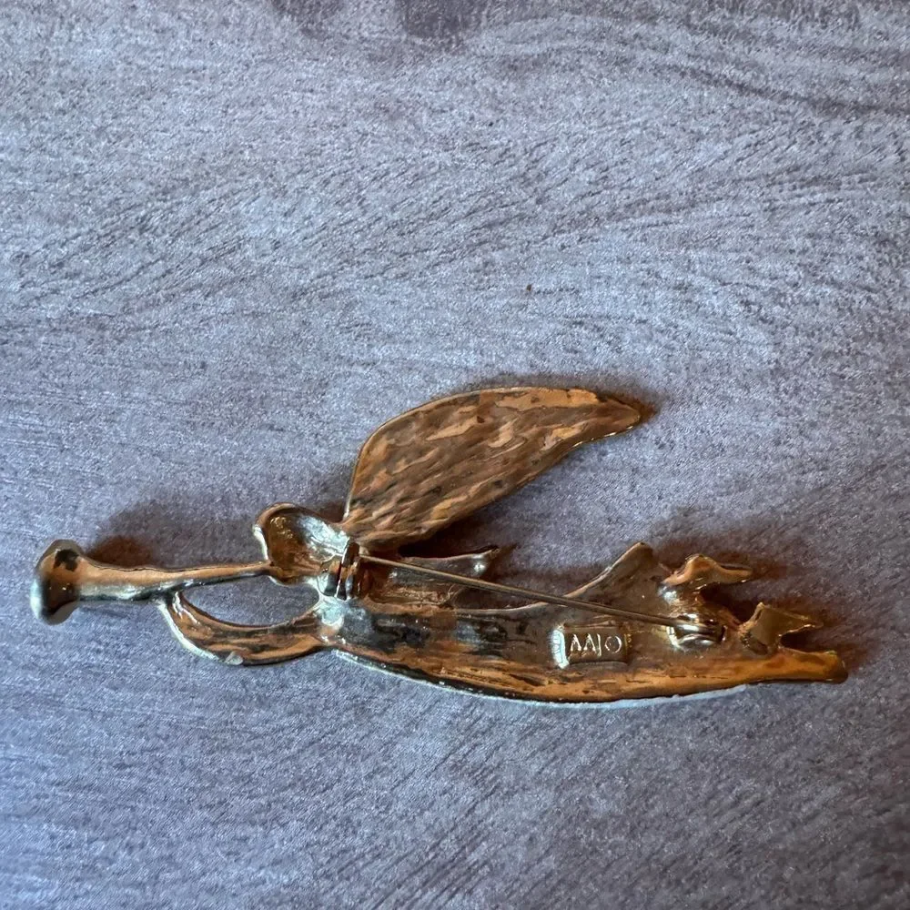 Vintage Trumpeting Angel Brooch Pin AAI Signed Glitter in Pearlescent